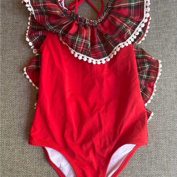 Custom Etsy Red Plaid Ruffle Kids One Piece Leo - Size Child 6 - Picture 1 of 3